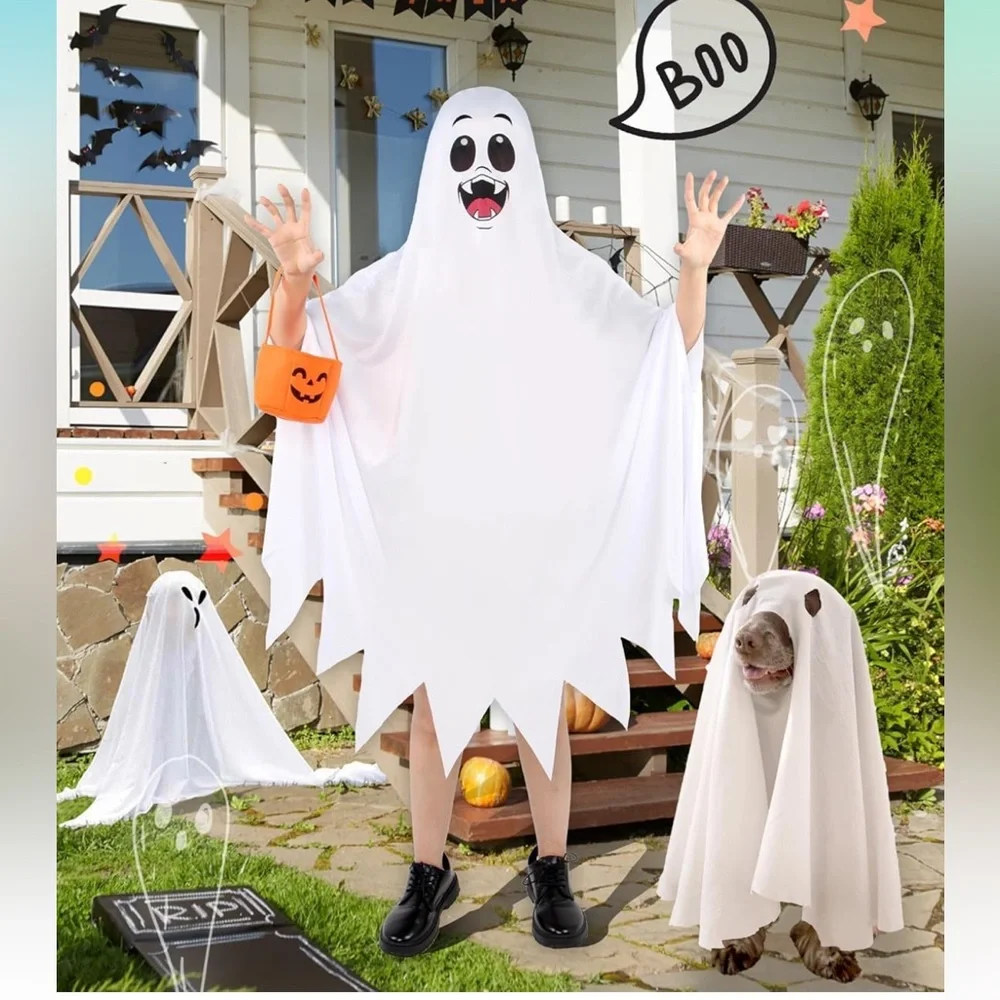 Halloween Ghost Costume Kids White Fancy Spooky Robe Boy/Girl Dress Suit size XL